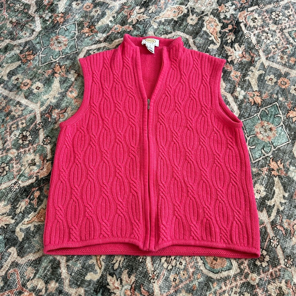 Wool Cashmere Hot Pink Cable Knit Full Zip Sweater Vest Preppy Natural Fibers